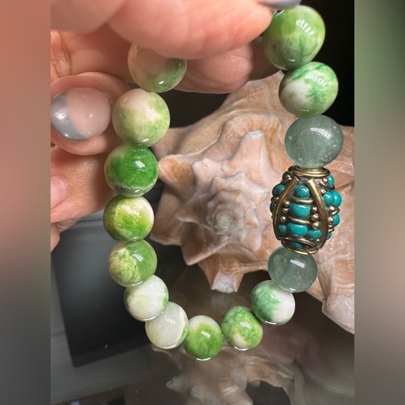 RARE PERSIAN JADE + FLUORITE + TURQUOISE NATURAL BRACELET size 7” - Picture 9 of 11